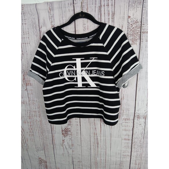 Calvin Klein Jeans Crop Top Women’s Small Striped French Terry Cotton Blend - Picture 1 of 7